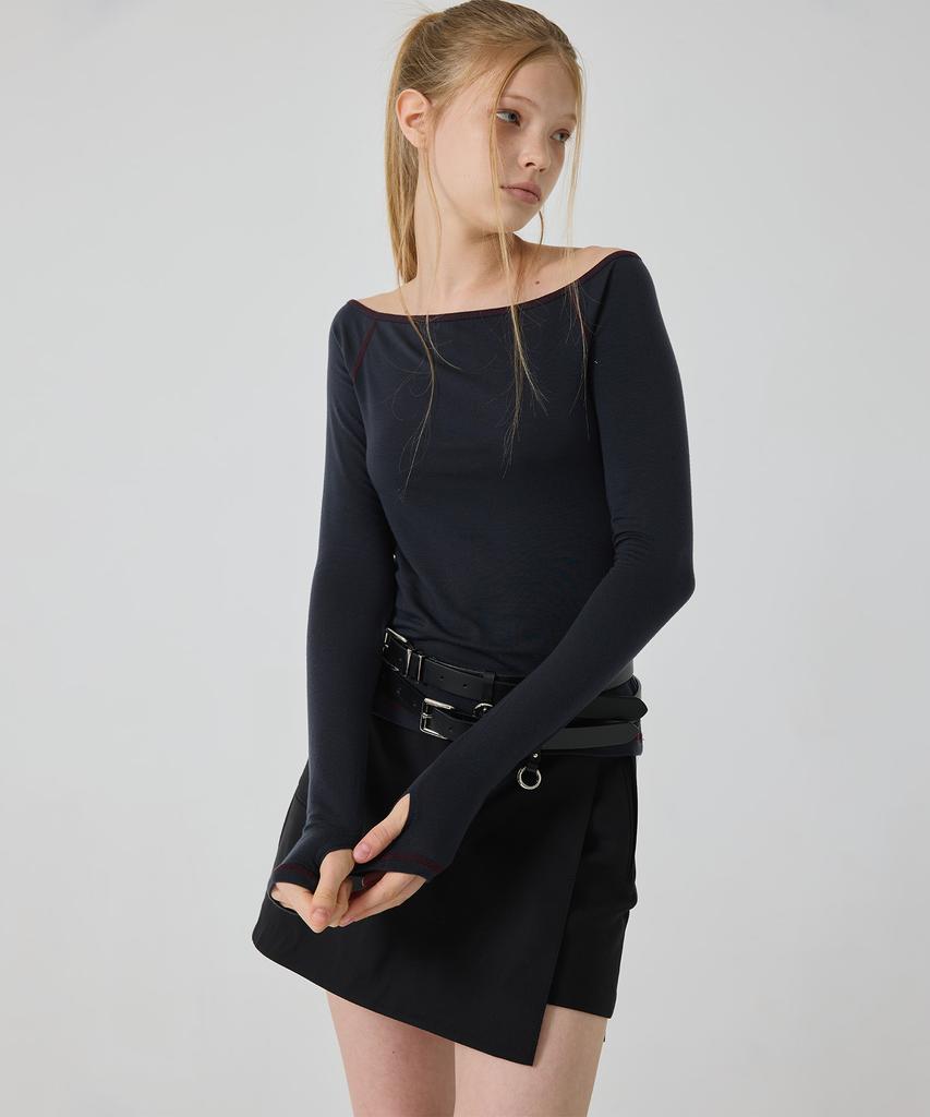 Yusentig Stitch Off-Shoulder T-Shirt Charcoal Gray Aw5Xe2329E