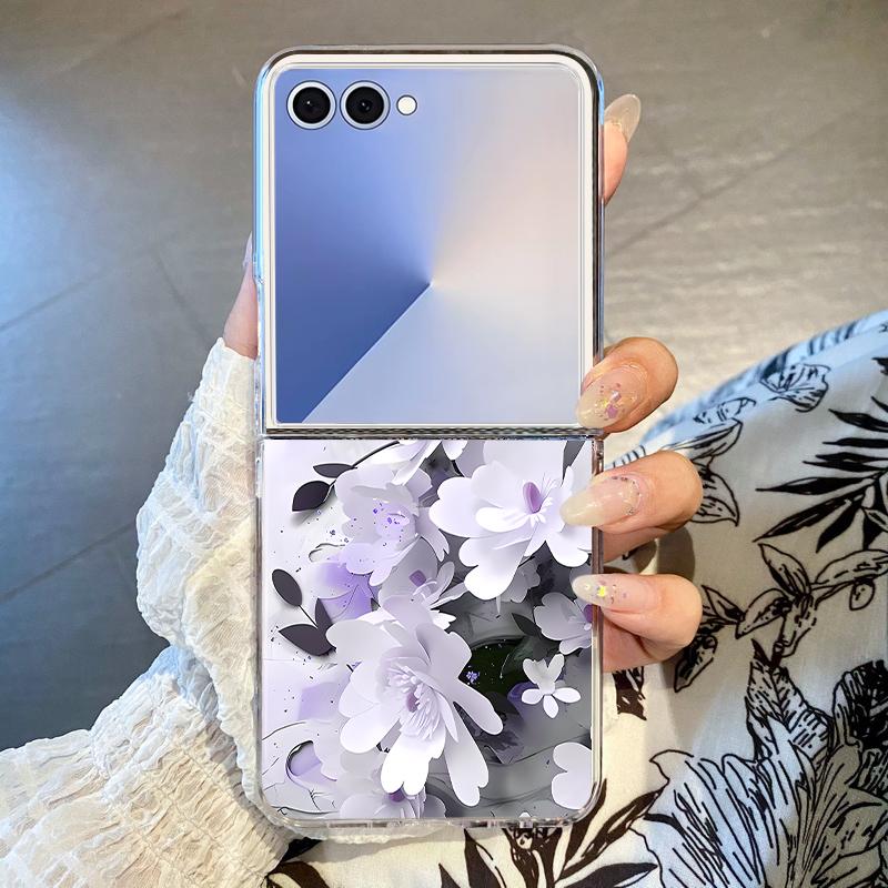 Purple Flower Transparent Folding Phone Case For Samsung Galaxy Z Flip 7 FE 6 5 4 3 Flip7 Flip6 Flip5 Flip4 5G Hard PC Cover Galaxy Z Flip7