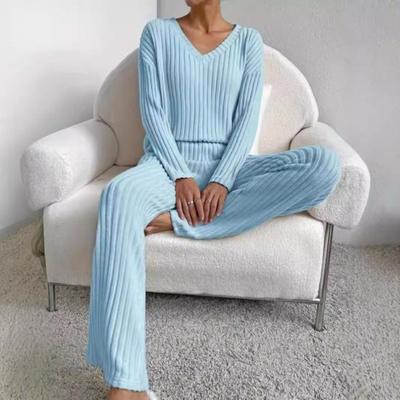 New Autumn Winter Women Two Piece Loungewear Set, Elegant Loose V-Neck Casual Outfit With Straight Leg Pants