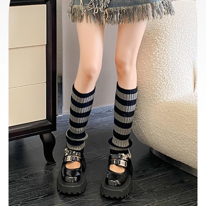 Contrast Color Striped Leg Warmers for Women Girls Ribbed Knitted Boot Covers Over Calf Socks for Dance Parties Hosiery