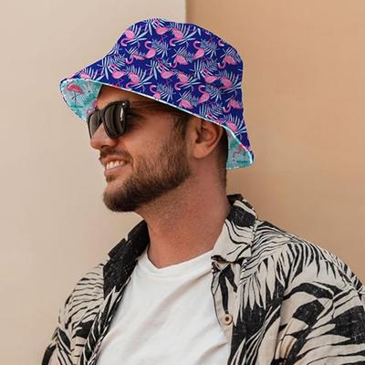 Rybářský klobouk s potiskem plameňáků Unisex sluneční klobouk Oboustranný cestovní kempingový klobouk s UV ochranou Skládací krátký okraj Venkovní aktivity Čepice