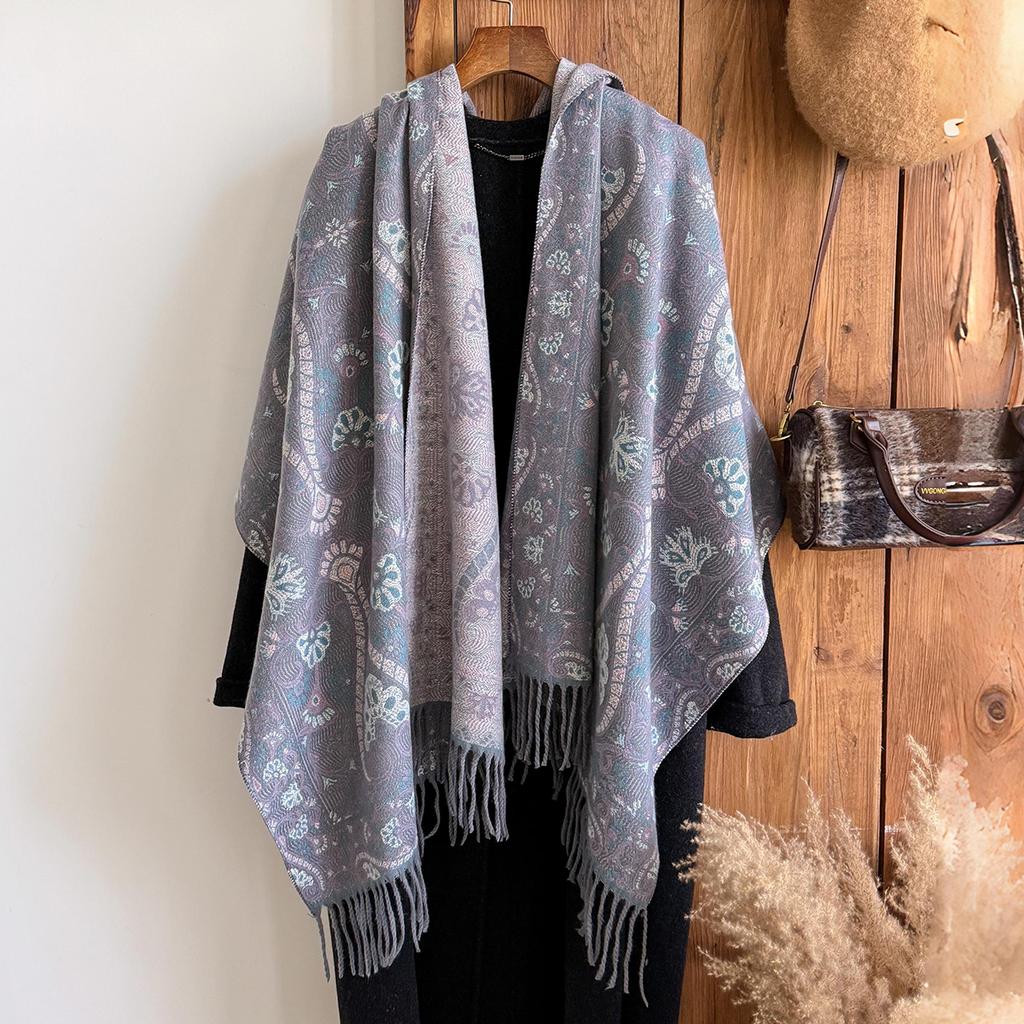 Fashion Women'S Winter Warm Cashmere Shawl - Vintage Floral Oil Painting Printed Tasseled Pashmina Thick Wrap