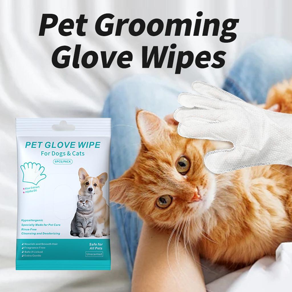 Pet Glove Wipes for Dogs & Cats Hypoallergenic, Aloe & Jojoba Oil Infused, Cleansing & Deodorizing, 6 Pack