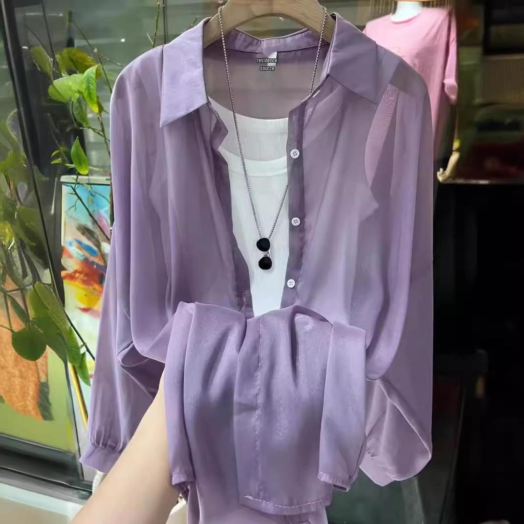 Dámská košile s dlouhým rukávem z šifonu s UV ochranou - Korejský styl, Volný střih, Střední délka, Jaro/Léto
