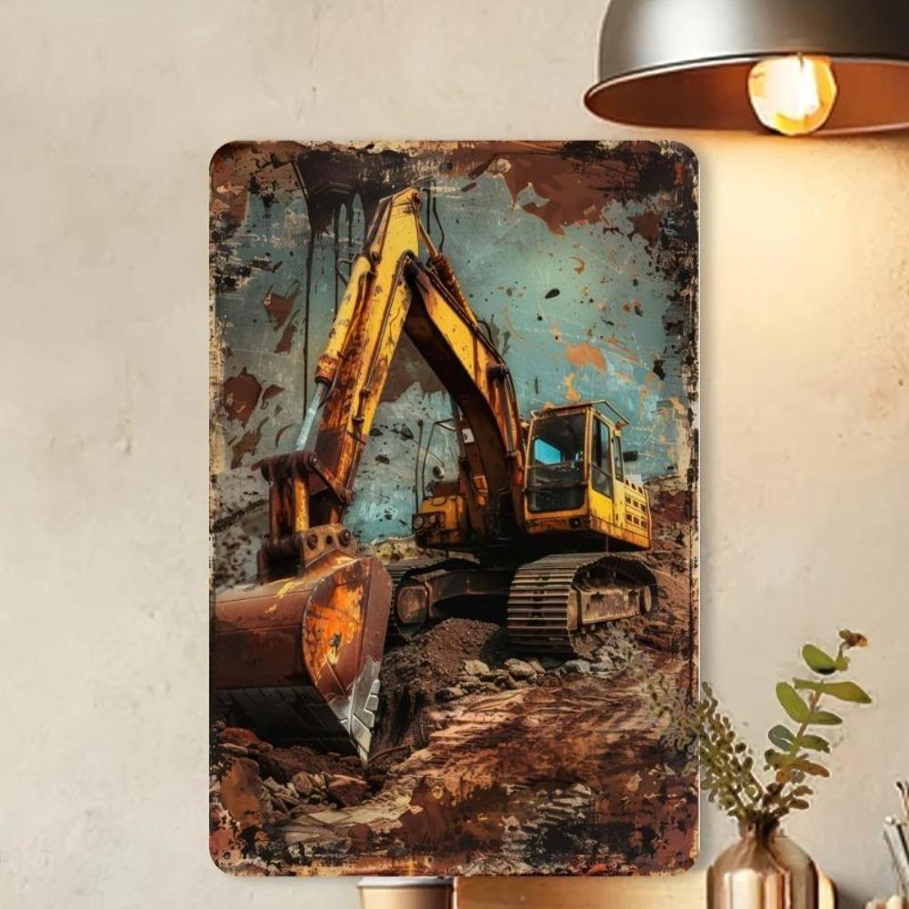 Vintage Metal Tin Sign Excavator Rustic Wall Art Garage Bar Decor