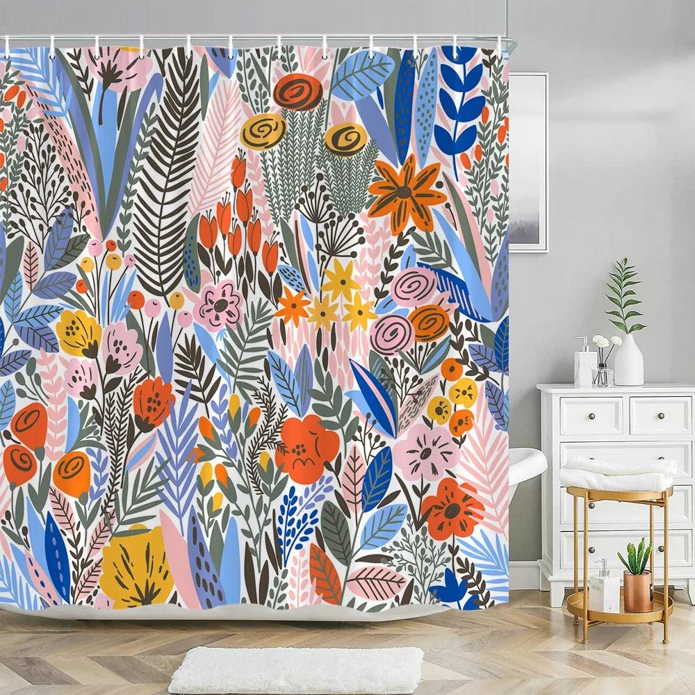Bunte Blumenduschvorhang Blumenduschvorhänge Hübscher blauer Duschvorhang Leuchtende böhmische Boho-Blumen-Badezimmerdeko
