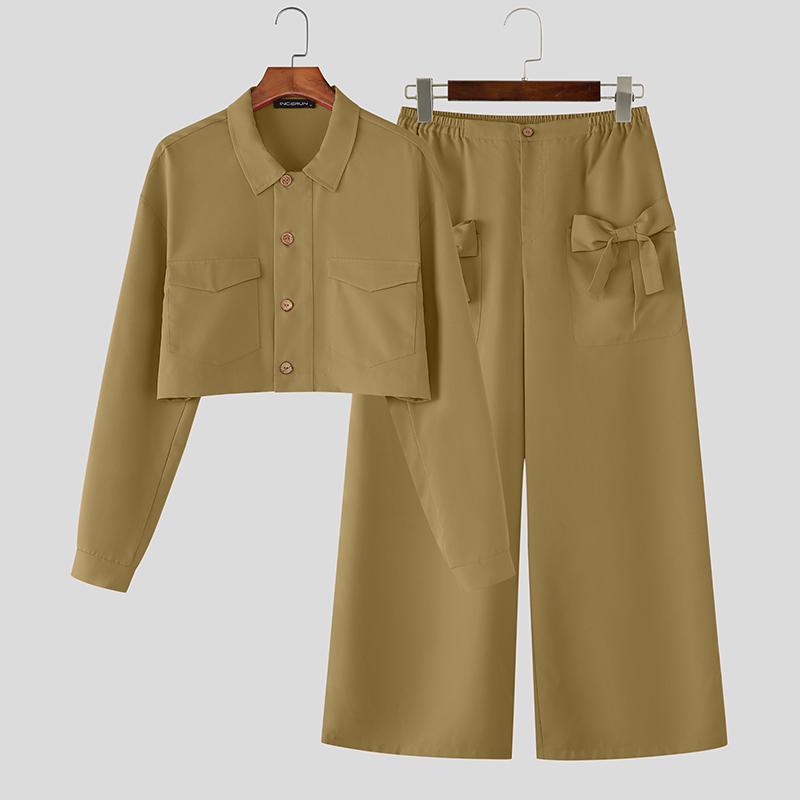 INCERUN Two Pieces Sets Men Lapel Neck Long Sleeve Cropped Shirt Bow Long Trousers Pants Outfits