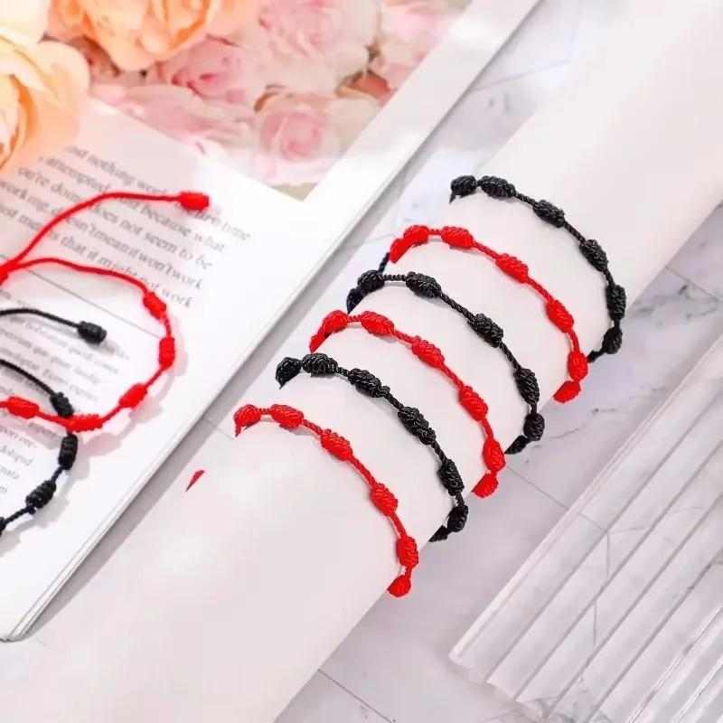 Schwarzes Rotes Faden 7 Knoten Armbänder zum Schutz Glücksbringer für Erfolg Handgefertigtes Seil Partnerarmband Glücksarmbänder