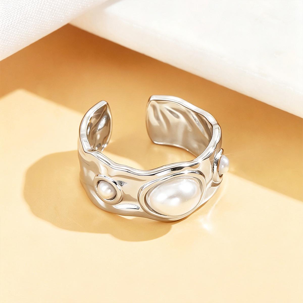 Baroque-Style Irregular Stainless Steel Ring with Faux Pearl for Women
