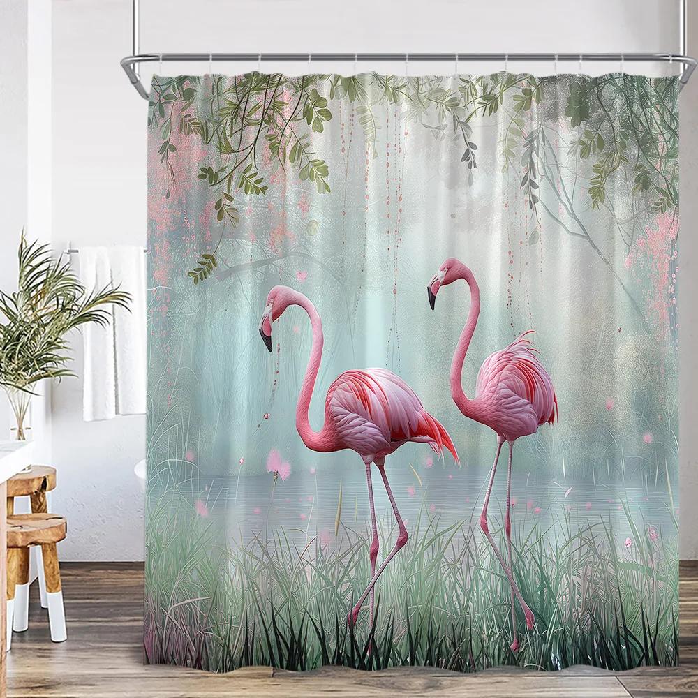 Flamingo Shower Curtain Set Pink Bird Tropical Leaf Rainforest Jungle Bathroom Decor Spring Summer Bath Mat Toilet Lid Cover