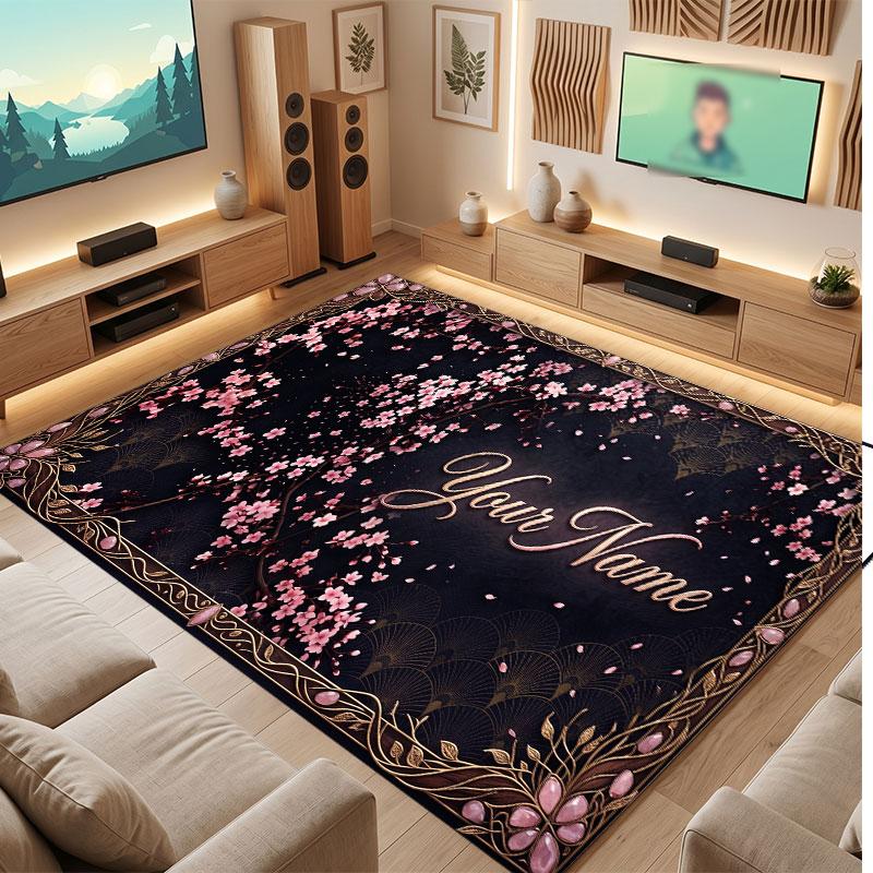 Floral Garden Theme Crystal Velvet Floor Rug Personalized Custom Name Text Warm Carpet Home Decoration