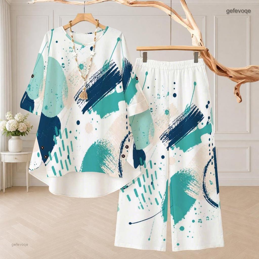 Women Plus Size Blue White Printed Round Neck Half Sleeve High Low Top And Long Pants Two Piece Set