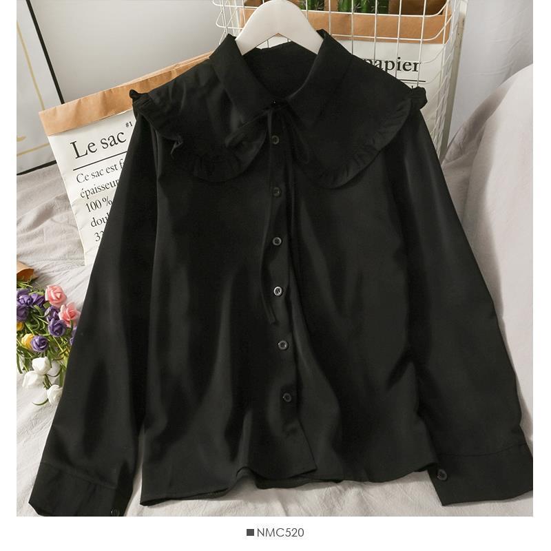 

Shirts Women Long Sleeve Kawaii Peter Pan Collar Solid All-match Trendy Elegant Sweet Ruffles Casual Single Breasted XS чорний