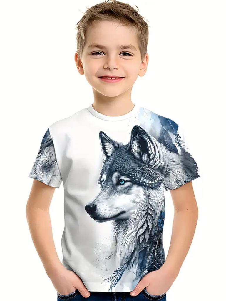 Cool Wolf Boy T-Shirt Tiger 3D Print Kids Short Sleeves Casual Comfortable Boys' Top Tees Outdoor Breathable Lightweight Clothes
