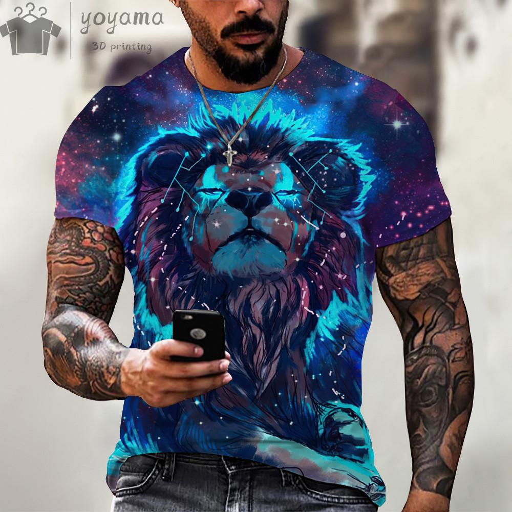 

Мужская одежда Футболка с принтом льва Повседневная модная футболка с коротким рукавом Harajuku Street O-образный вырез Футболка большого размера для мужчин Рубашки Топы XS