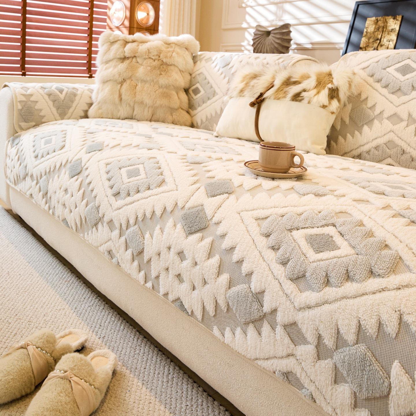 Флисовый бохо-жаккардовый утолщенный теплый зимний чехол на диван нескользящее мягкое полотенце для дивана декор для мебели в гостиной накидка полотенце для дивана 90x120cm светло-серый 1840₽