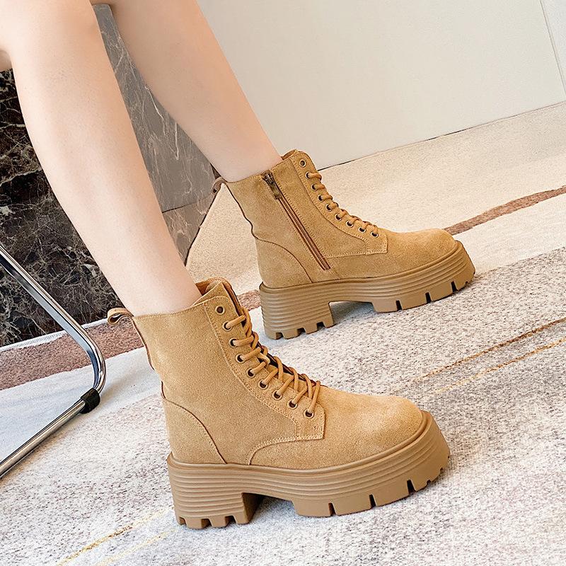 High Heel 6.5cm Martin Boots Women's New Thick Sole Short Boots British Reverse Fleece Leather Fashion Versatile Motorcycle Boots