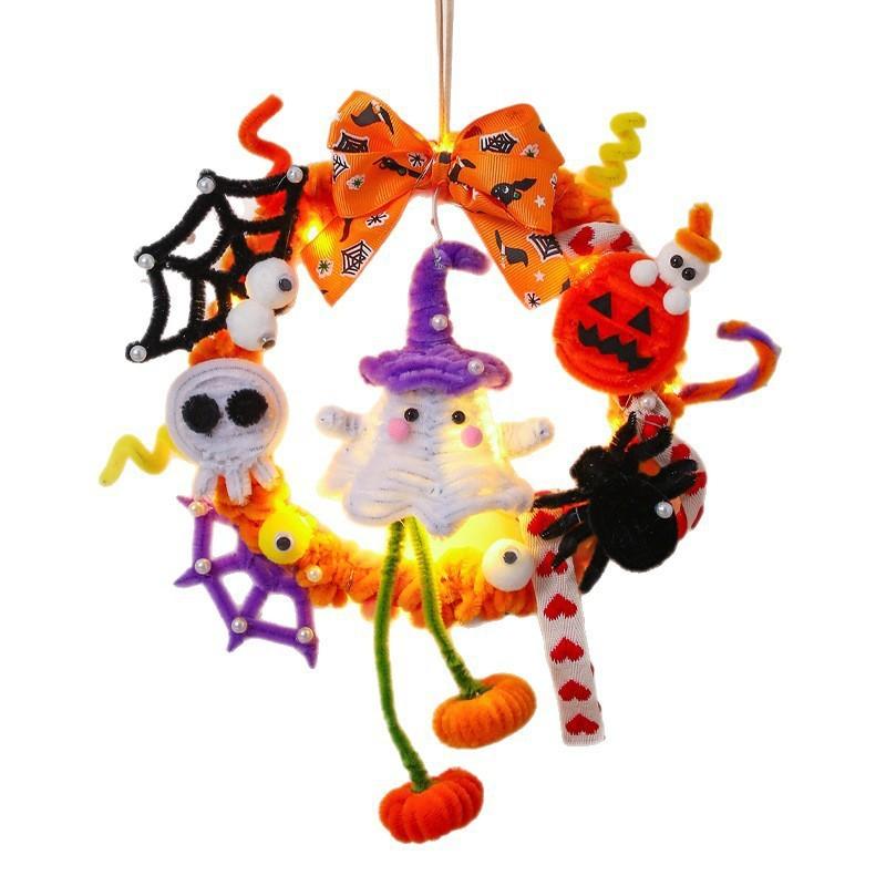 Halloween Wreath with Lighted Pumpkin Lantern, Glowing Door Hanging Decoration Props for Store Party Scene Atmosphere Layout
