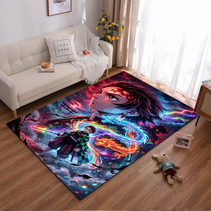 "Anime Warrior with Fiery Dragon Design Non-slip rug suitable for living room and bedroom sofas"