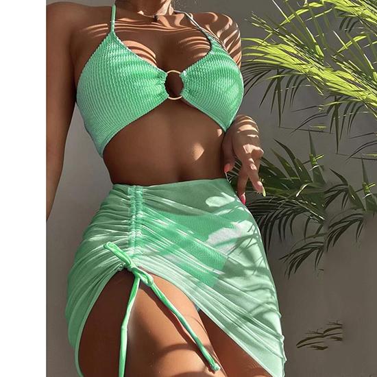 European-American Style Split Swimsuit Women's Body-fitting Solid Color Sexy Swimsuit Neck Hanging Three-piece Bikini Beach Fashion Swimsuit