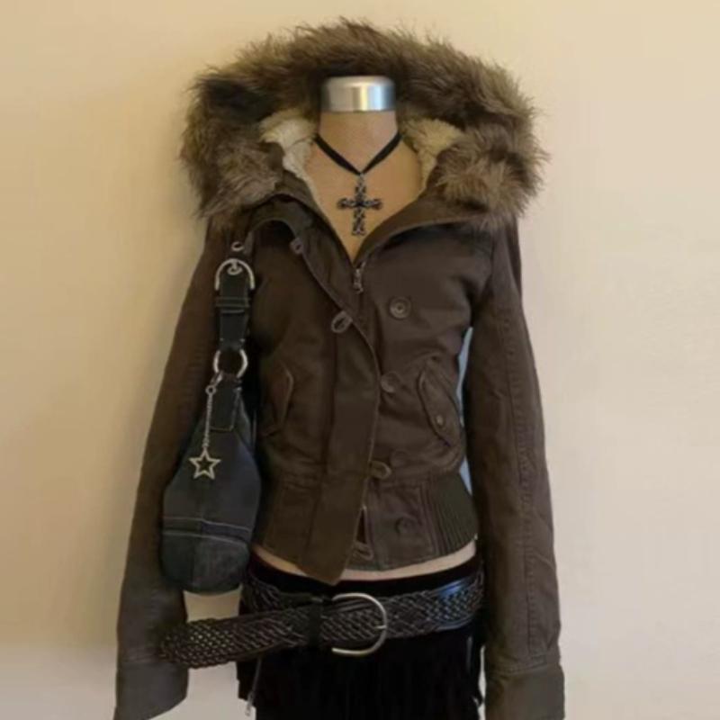 Winter American Vintage Fashion Harajuku Hooded Jacket Women Slim Brown Fur Collar Short Coat Casual Streetwear Chic Outerwear