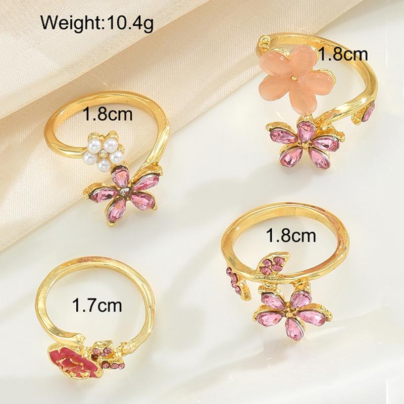 4 Stück Schönes Rosa Rosenblüten Verstellbares Ring Set Mode Falsche Perle Diamant Dekor Fünfblättrige Blumige Ringe Für Damen Schmuck Geschenk