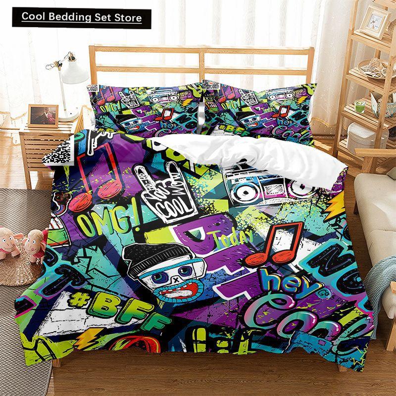 Hippie Graffiti Duvet Cover Set King Queen Size for Kids Boys Youth Polyester Comforter Cover Modern Street Art Bedspread Cover