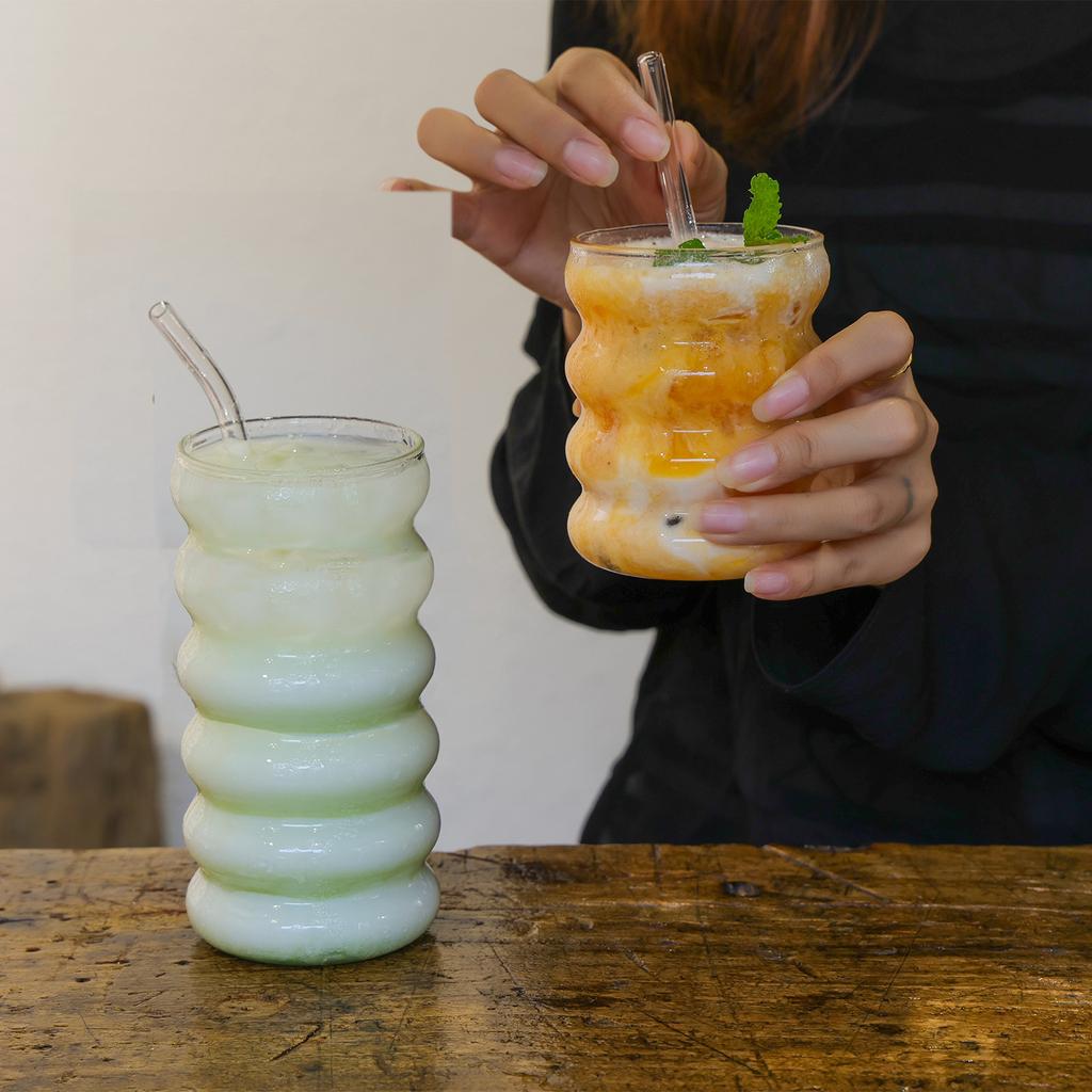 1/2/4 buc Pahare pentru băuturi în formă de val cu paie, Pahare de sticlă vintage, Pahare pentru băutură pentru suc, bere, vin, șampanie, cocktail