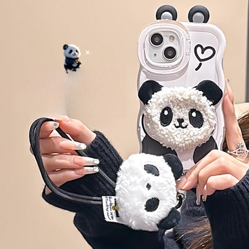 The Plush Panda Lapping Rope Is Suitable for Apple 16PRO Phone Cases In Autumn and Winter. 15 Invisible Double Stand 14 Silicone Anti-drop XR