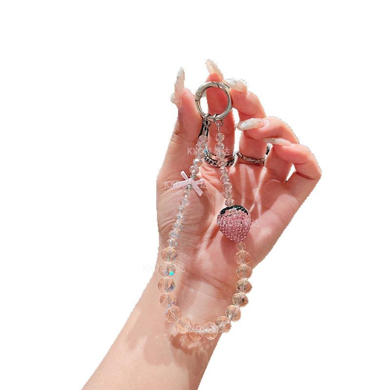 High-End Strass Erdbeere Handykette Kristall Handgelenk Perlenband Anti-Drop Kristall Handykette Anti-Verlust Schlüsselanhänger