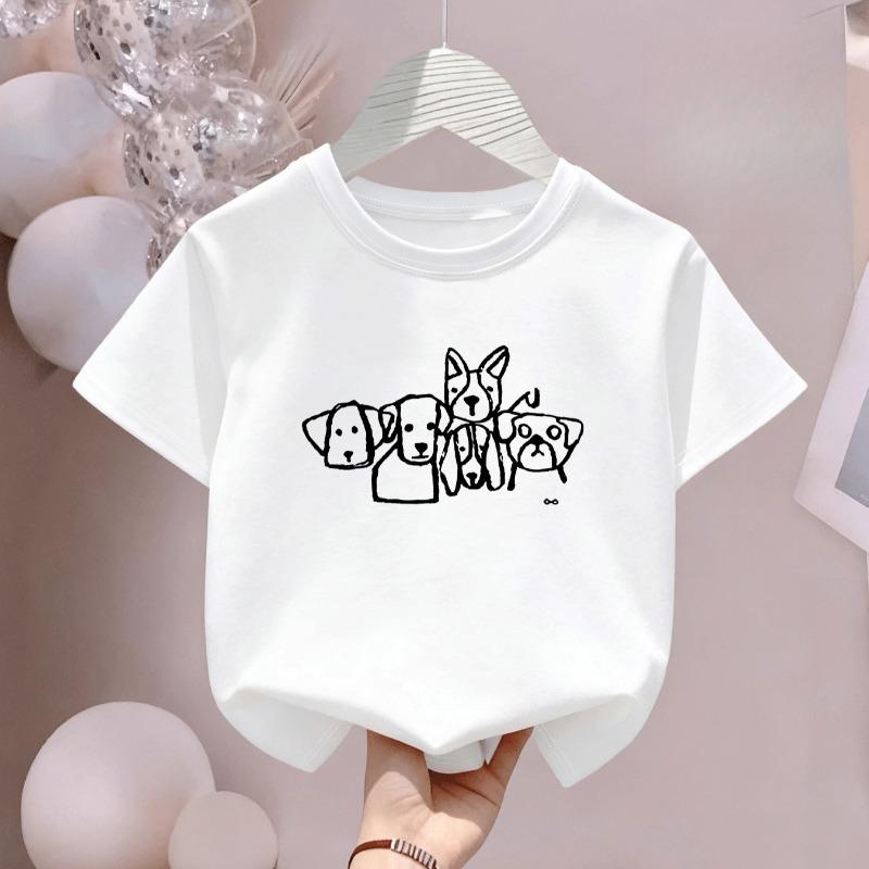 Kids Doodle Dog Cartoon Print Crewneck Short Sleeve Tee