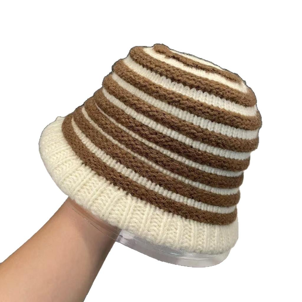 Koreanischer Stil Retro Gestreifte Gestrickte Fischerhut für Damen im Herbst und Winter Vielseitig Gesichtsfreundlich Kleines Temperament Warmer Wolliger Eimerhut