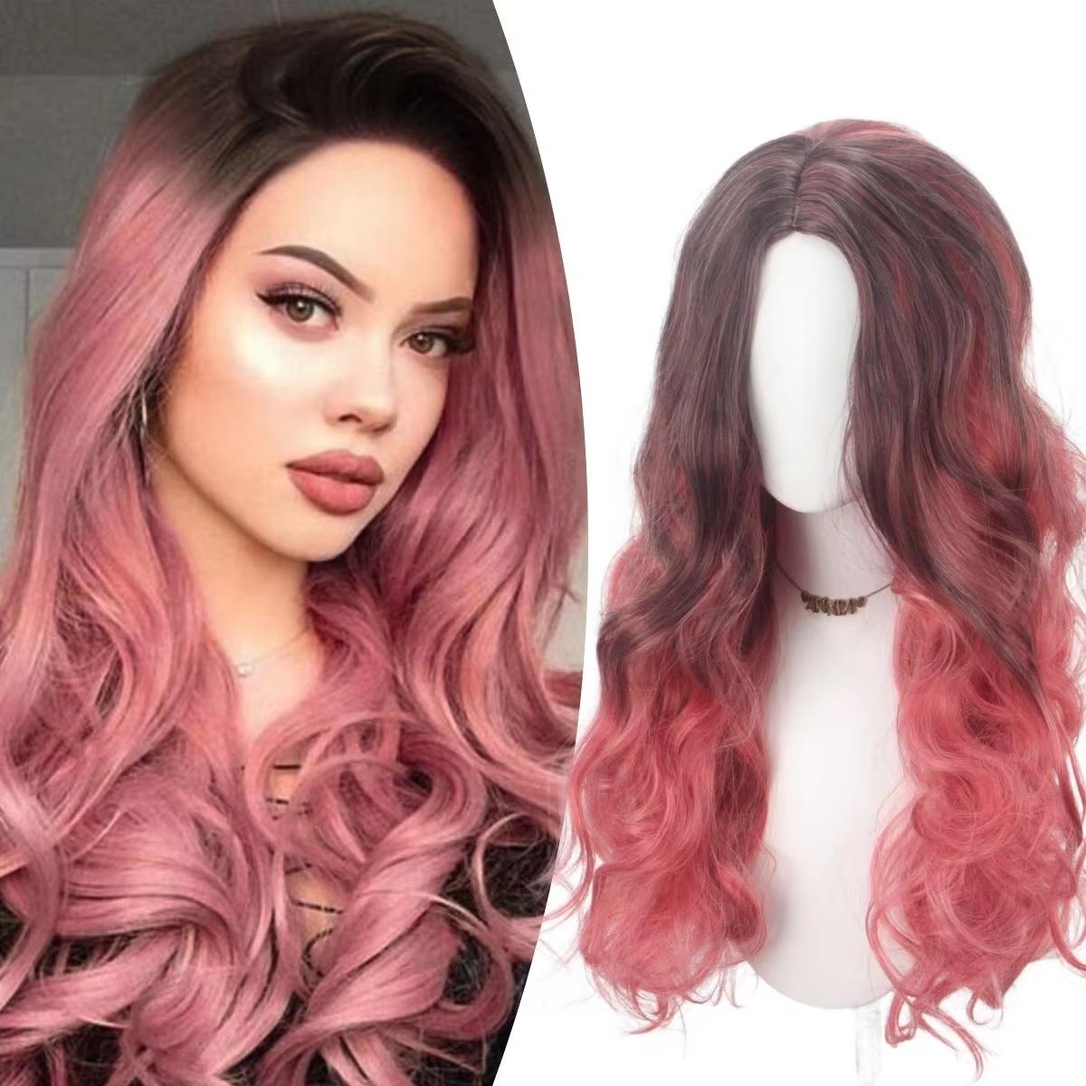 

Темно-коричневый пудровый градиент волны синтетический парик из химического волокна | Романтическая атмосфера парик с крупными волнами | Высококачественная сетка