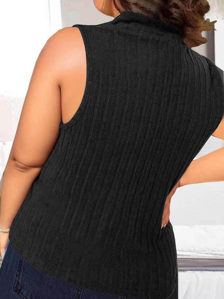 2026 Spring/Summer Plus Size Women's Knit Stretch Half High Neck Sleeveless Solid T-shirt