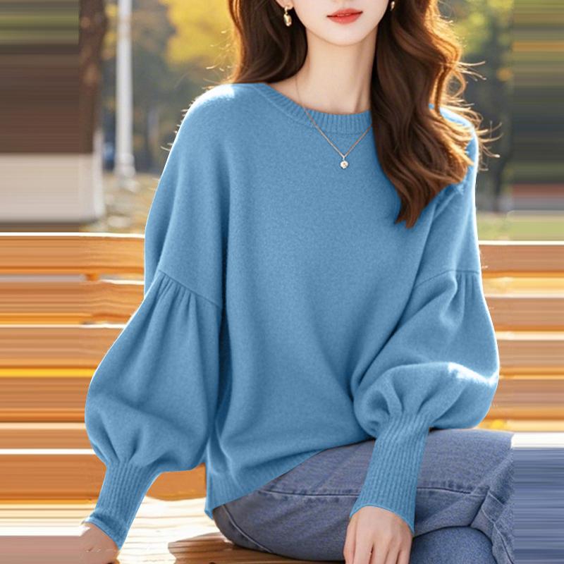 

ZANZEA Женские весенние вязаные футболки с круглым вырезом и длинным рукавом-фонариком 3XL синий