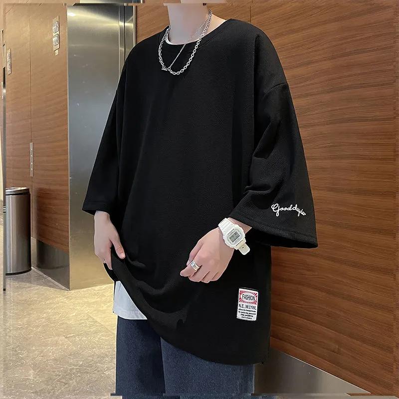Men's Summer Lightweight 3/4 Sleeve T-Shirt Loose Fit, Plus Size, Korean Style Short Sleeve Top