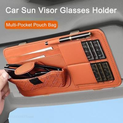 Organizador de coche, almacenamiento de sombrilla, parasol para coche, Clip, caja de almacenamiento de cuero, bolígrafo, tarjeta, billete, gafas de sol, bolsa con Clip, accesorios para coche