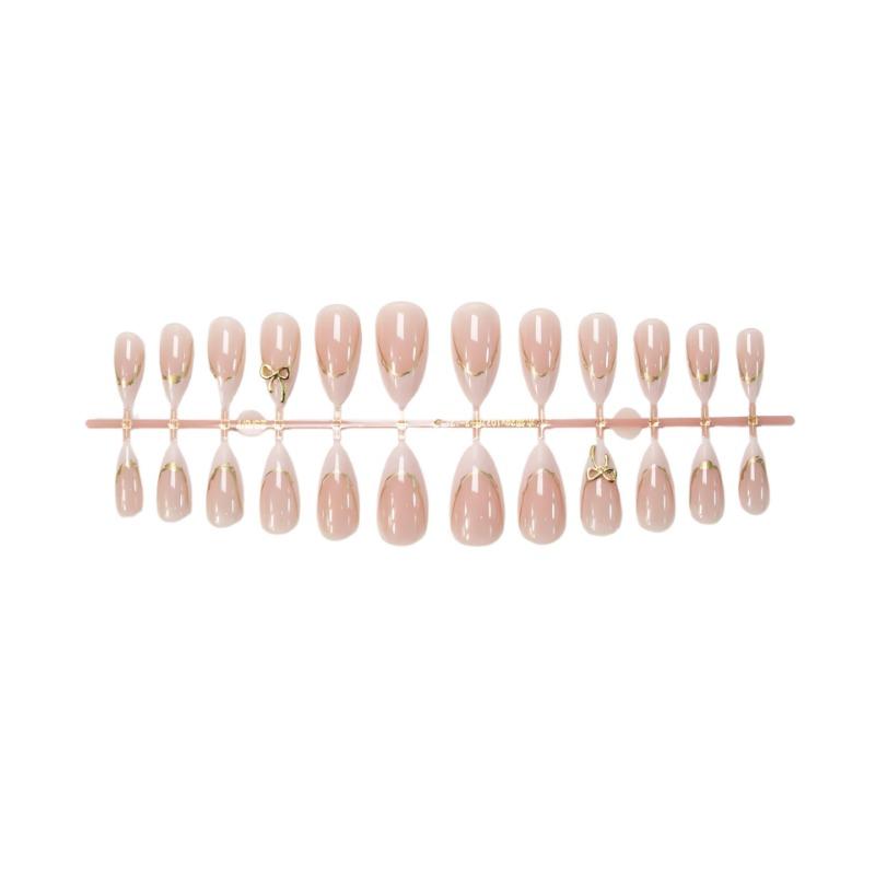 French Bow Press On Nails Almond Shaped Gold Line Nail Tips