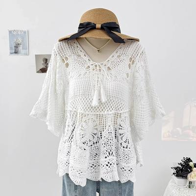 DIMANAF 2025 Nieuwe T-shirts Zomer Dames Strand T-shirt Basic Mode Tops Kant T-shirts Casual Los Wit