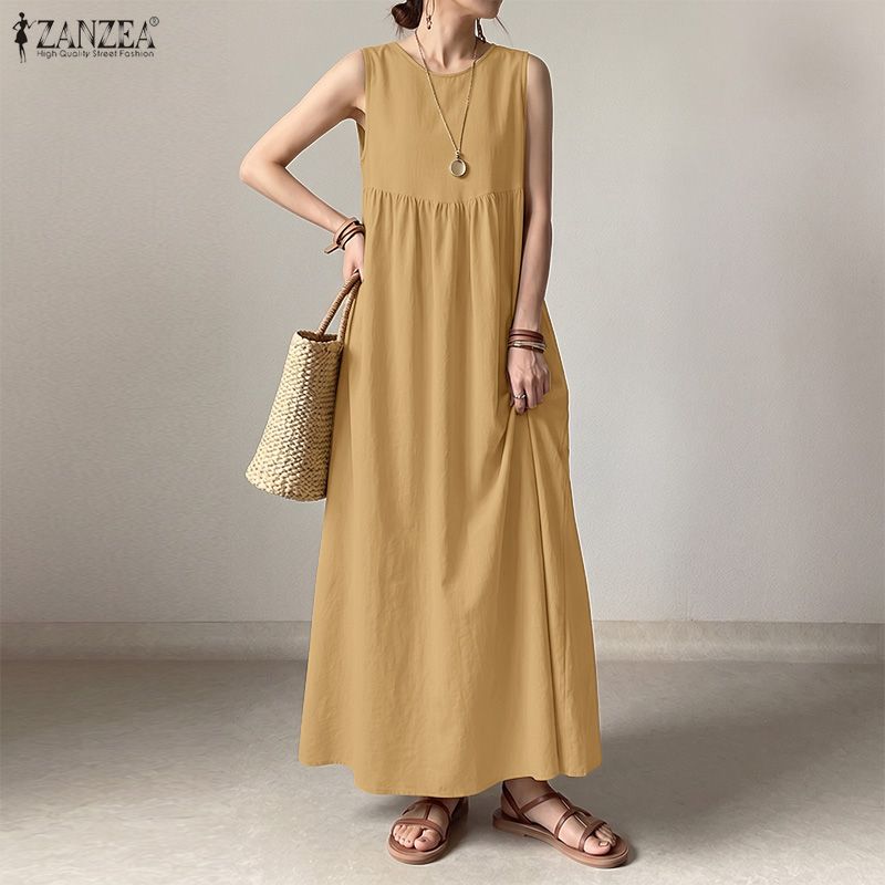 ZANZEA Women Casual Round Neck Solid Color Sleeveless Long Dress