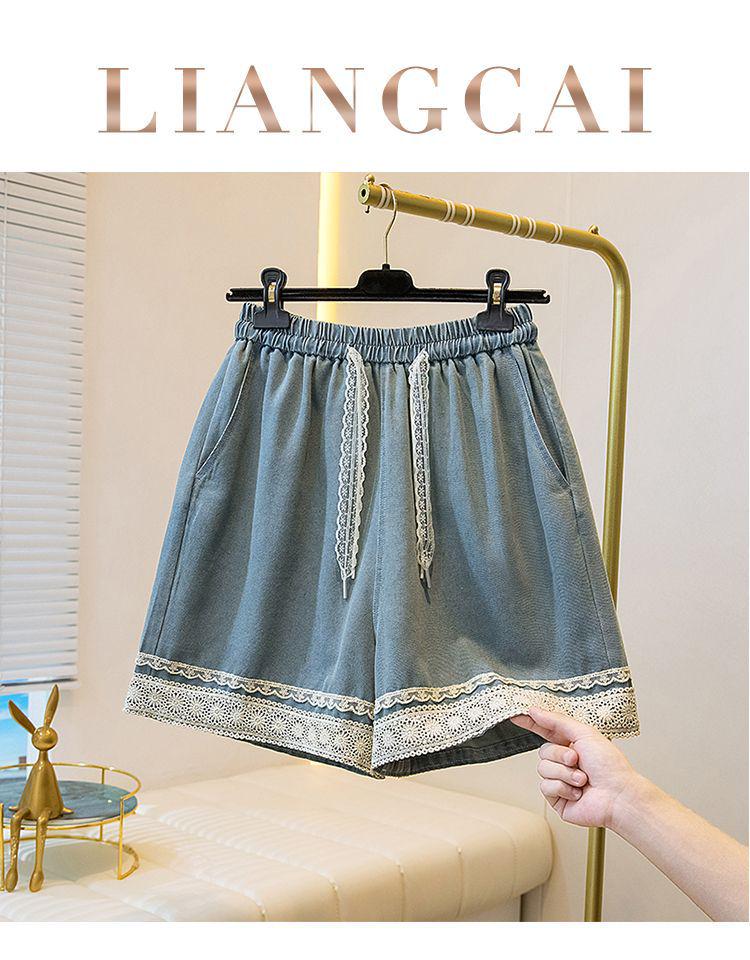 Plus Size Women's Lace Trim Denim Shorts - Loose Wide Leg Casual Capris