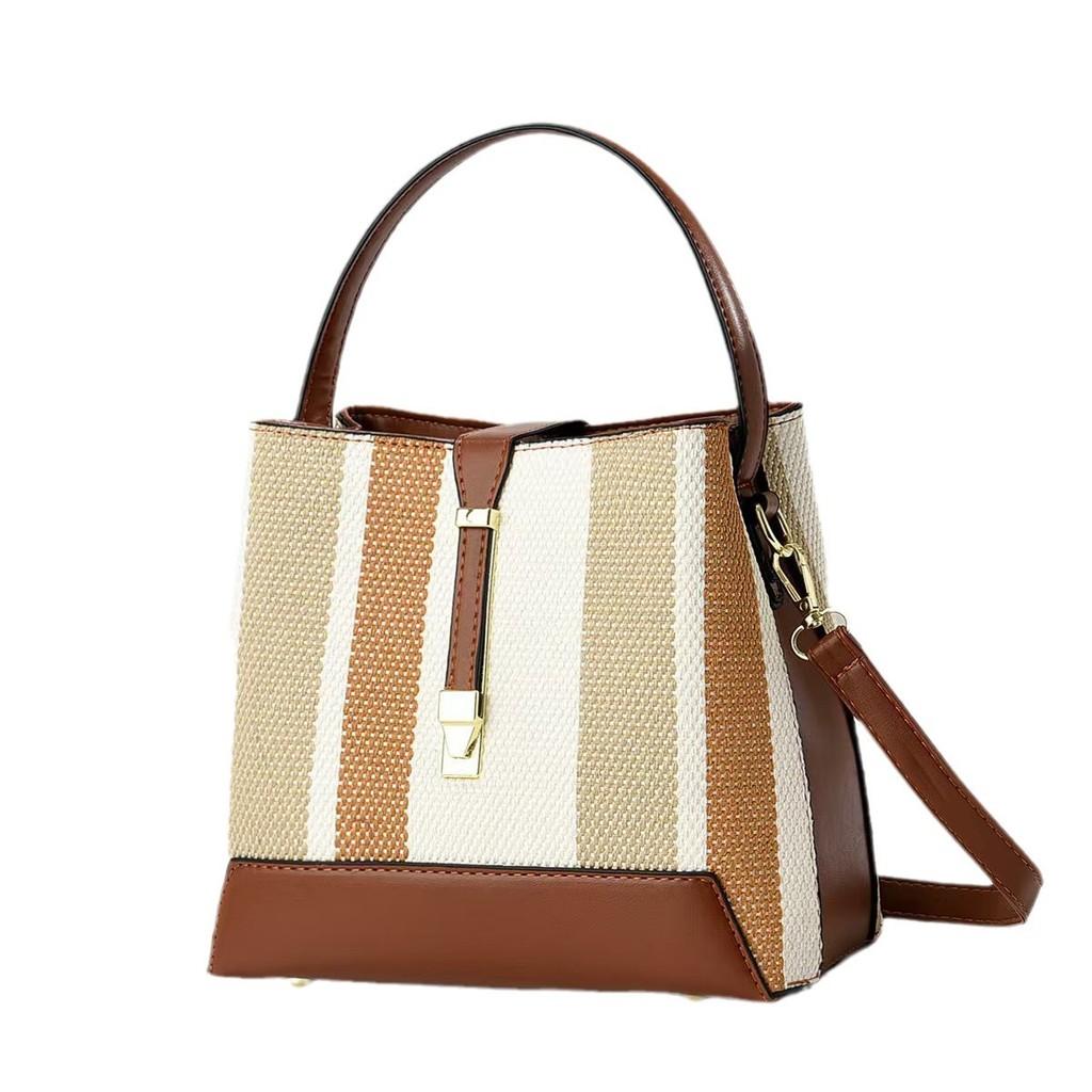 Pu Water Bucket Bag With Multilayer Weaving And Color Block Design For Daily Casual Use