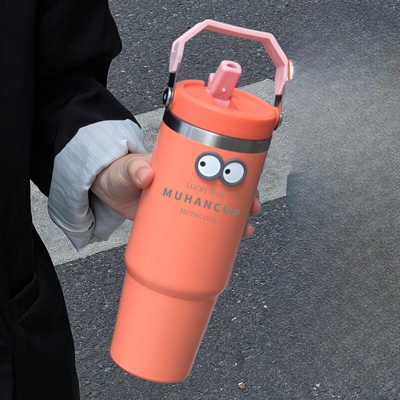 Large Capacity Portable Stainless Steel Ice Bar Thermos Cup High Appearance Level Handy Cup Straw Water Cup Girls Car Coffee Cup