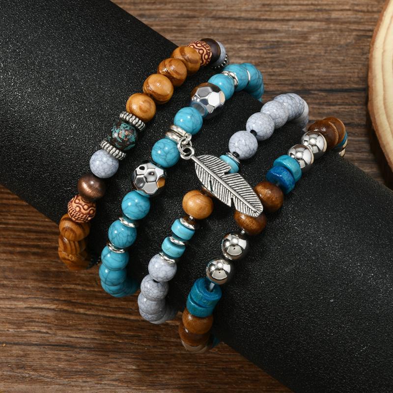 4Pcs/Set Bohemia Vintage Multi Layer Beaded Bracelets For Men Turquoise Ethnic Nature Stone Leaves Bracelets Gifts For Friends
