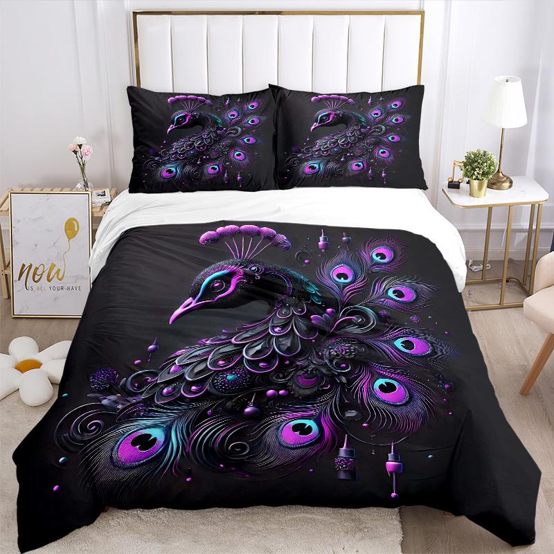 3pcs Enchanted Peacock Printed Duvet Cover Set (1 * Cover+2 * Pillowcase, Without Core), Suitable for Home Bedroom, Guest Room, Dormitory Decorat