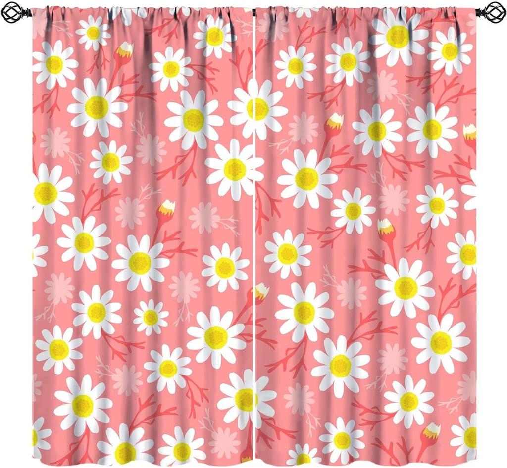 Pink Orange Flower Curtains Girls Bedroom Retro Hippie Groovy Daisy Floral Print Window Treatments Kids Curtain Polyester Ideal For