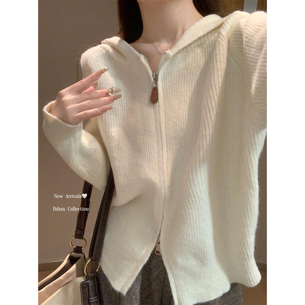Soft waxy hooded double zipper knitted sweater women's autumn and winter casual lazy style large version long-sleeved jacket high-end top