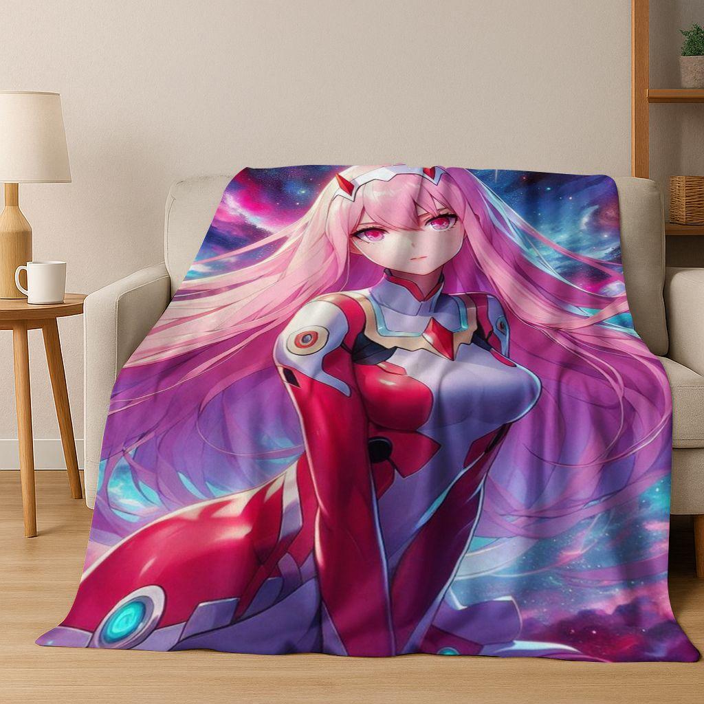 002 Zero Two DARLING in FRANXX Sexy Girl Cartoon Art Flannel Blanket,Cozy Soft Throw Blanket for Home Bedroom Bed Sofa Cover 75x90cm