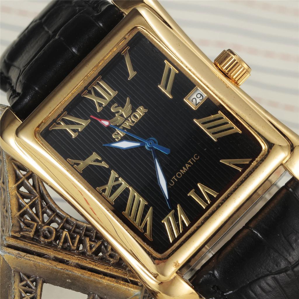Sewor Men'S Automatic Mechanical Watch, Square Belt Men'S Watch, Calendar Watch