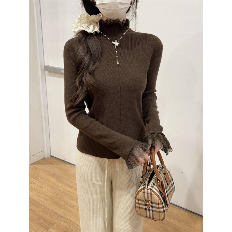 High-end elegant semi-turtleneck knitted sweater women's lace splicing top autumn and winter new flared sleeve inner bottoming shirt